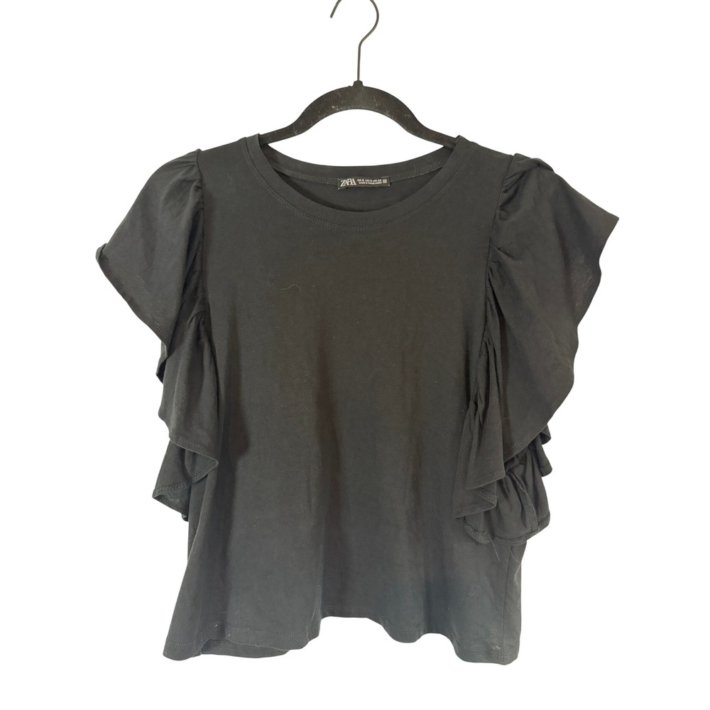 Zara Womens Black Ruffle Short Sleeve Cotton Knit Top Crew Neck Small
